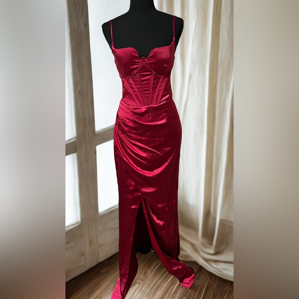 Alessandra | Berry Red Satin Cupped Corset Bodice Maxi Dres...